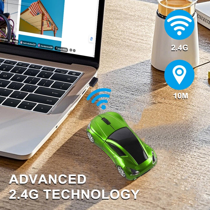 CHUYI Cool Car Shaped Wireless Mouse 1600DPI Portable Small Cordless Mice with USB Receiver for Travel Office Business School Home Gift (Green) - Image 2